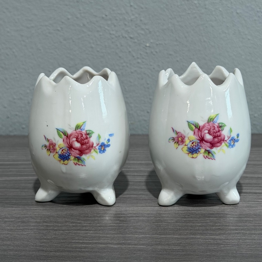 Vintage Ceramic Cracked Egg Footed Votive Candle Holders Floral Set of 2 White
